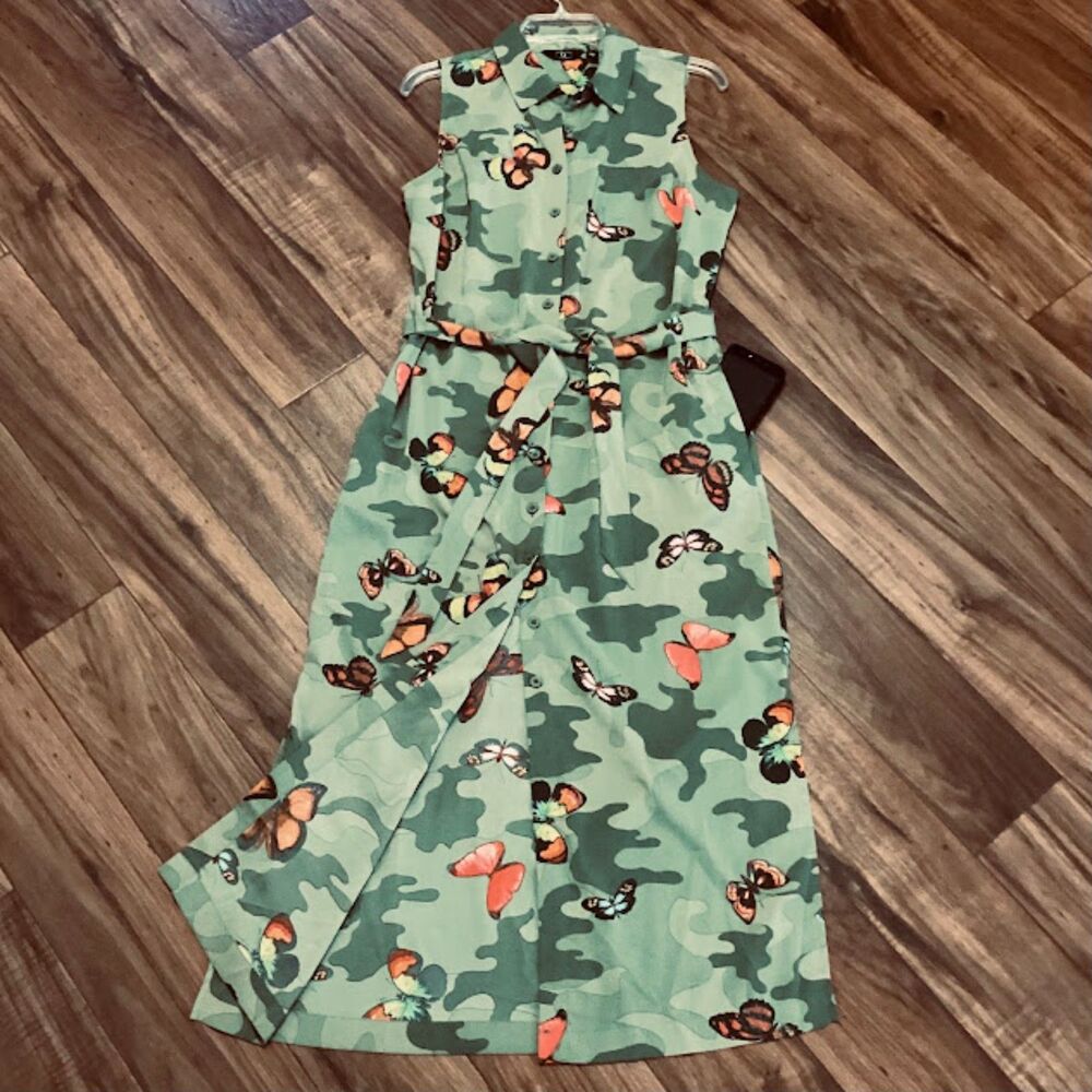 G by‎ Giuliana Dress Midi Women's Medium Green Camo Butterfly Sleeveless Duster